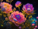 Glowing  peonies in the garden at night.