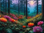 Forest with flowers at dusk