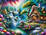 A charming cottage nestled by a waterfall near a serene lake.