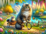 Of a large fluffy cat on a bike with a basket carrying a small ferret