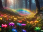 In a magical, rainbow misty forest