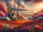 Springtime magic cozy house with red poppies