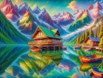 A vivid  of stilt houses and boats on a serene lake with colorful mountain