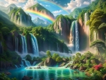 A vivid landscape with majestic waterfalls