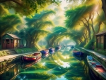 A serene, enchanting  colorful boats on a calm waterway