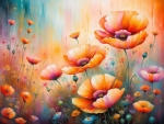 Vivid painting of blooming poppies at sunset