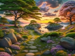 A vibrant,whimsical landscape with trees,a stone path,and a tranquil lake at sunset