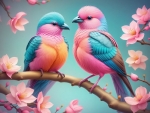 Colorful birds are sitting on the flower tree