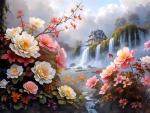 Colorful flowers next to the waterfall