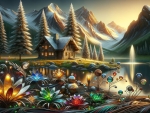 Mountain landscape with an illuminated cabin, colorful flora,a tranquil lake.