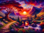 Mountain landscape with red and purple sunset