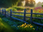 Weathered wooden fence borders a sprawling countryside garden