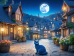 A blue cat sits on the cobbled streets in a village under the starry sky