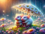 Two mice under an umbrella in a light spring shower in the field