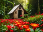 A small hut in the middle of a forest