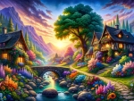 Vivid twilight over a village with cozy cottages,a stone bridge,blooming flowers and a river