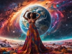 Woman Holding Earth in Colorful Universe