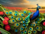 A peacock in a field of flowers