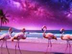 Flamingos on Ocean Shore