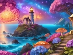 Enchanted Lighthouse Amidst Luminescent Flowers