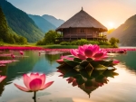 Lotus flowers in the water at sunset.