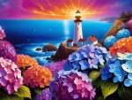 Enchanting Hydrangeas and Lighthouse