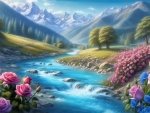 Vibrant Flowers and Roses by a BrightBlue Mountain River