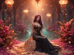 Elegant Mermaid Resting on Golden Palmier amidst Enchanting Flower Realm