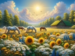 Vivid landscape with horses grazing among sunflowers