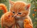 Adorable Orange Kitten Whispering Secrets to a Feathered Friend
