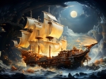 Big sailing ship with white sails sailing on stormy seas on a moonlight night