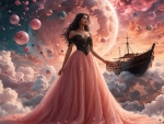Elegant Woman Collecting Balls on Cloud with Floral Boat and Nebula Sky