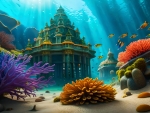 Underwater scene with coral reefs and a temple
