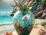 Glass Swan Vase with Butterflies by the Beach