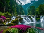 Waterfall in thailand with flowers and plants.
