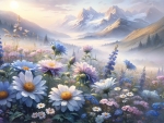 Calm mountain landscape with vibrant wild flowers