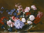 A still life of rose, convolvulus, Canterbury bells and other flowers