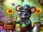 Fantasy Mole Alchemist Searching for Magical Flowers in Garden