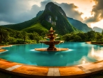 Beautiful fountain in the middle of a lush green mountain