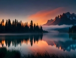Beautiful mountain lake at sunset