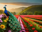 A peacock in a field of flowers