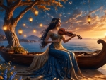 Elegant Mermaid Playing Violin on Golden Dust Boat