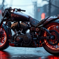 Sleek Custom Motorcycle with Red LED Wheels in Urban Setting