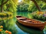 Wooden boat floating on the river