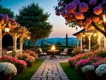 Elegant romantic garden landscape at dusk