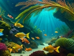 Underwater scene with colorful fish and plants