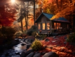 Wooden house in the autumn forest