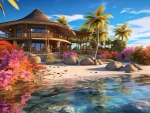 Tropical beach resort with flower garden