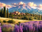 View of village with lavender field