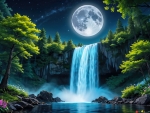 Rocks waterfall at full moon